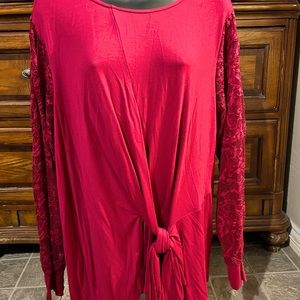 Long, Lace-Sleeved Blouse with Front Tie-Knot Detail